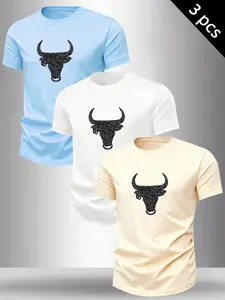Men's 3-Pack Geometric Bull Head Graphic T-Shirts, Casual Slim Fit Short Sleeve Tees, Streetwear Workout Gym Tops, Sportswear, Menswear Fitness #MensFashion #Streetwear #BullGraphicTee #GymWear #TikTokMadeMeBuyIt