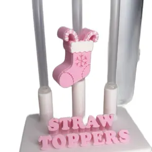 Pink Christmas Stocking Straw Topper Cute Holiday Cup Accessory Festive Party Decor
