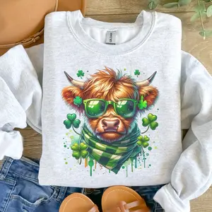 Highland Cow St Patrick’s With Glasses Drippy Sweatshirt -  Ash Grey - Sublimation Unisex Sizing Long Sleeve Crew Neck Comfortable Fit