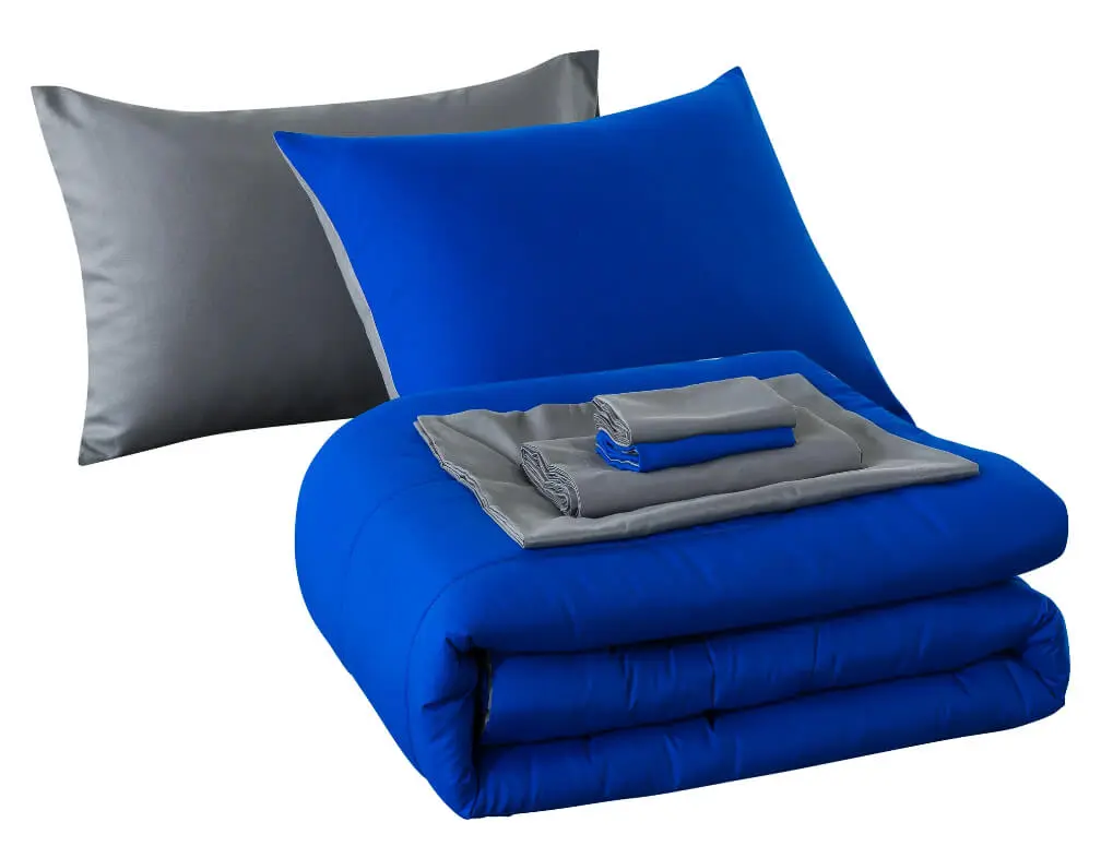 Solid Blue Reversible Bed-in-a-Bag Bedding Set - Channel-Quilted Polyester, Reversible Fluffy Blanket, Calm Tones, Machine Washable