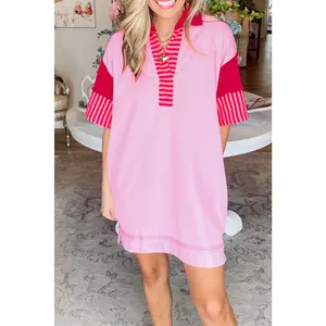 White Stripe Colorblock Sleeve Collared Mini Dress