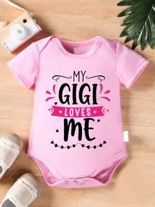 Baby Girls' "My Gigi Loves Me" Short Sleeve Pink Bodysuit, Cute Hearts & Banner Newborn Romper
