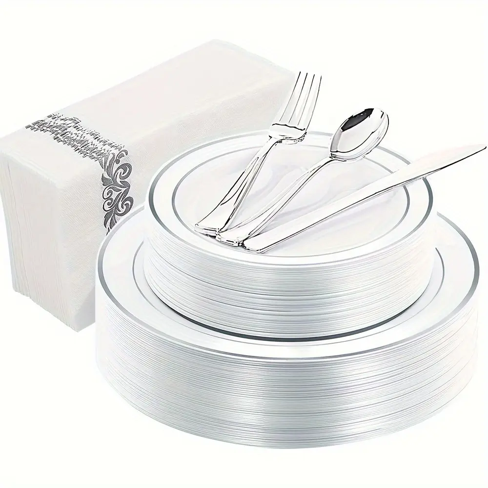 New 150pcs Silvery Plates Plastic - Disposable Plastic Christmas Plates Include 25 Dinner Plates 25 Salad Plates 25 Forks 25 Knives 25 Spoons 25Disposable Napkins
