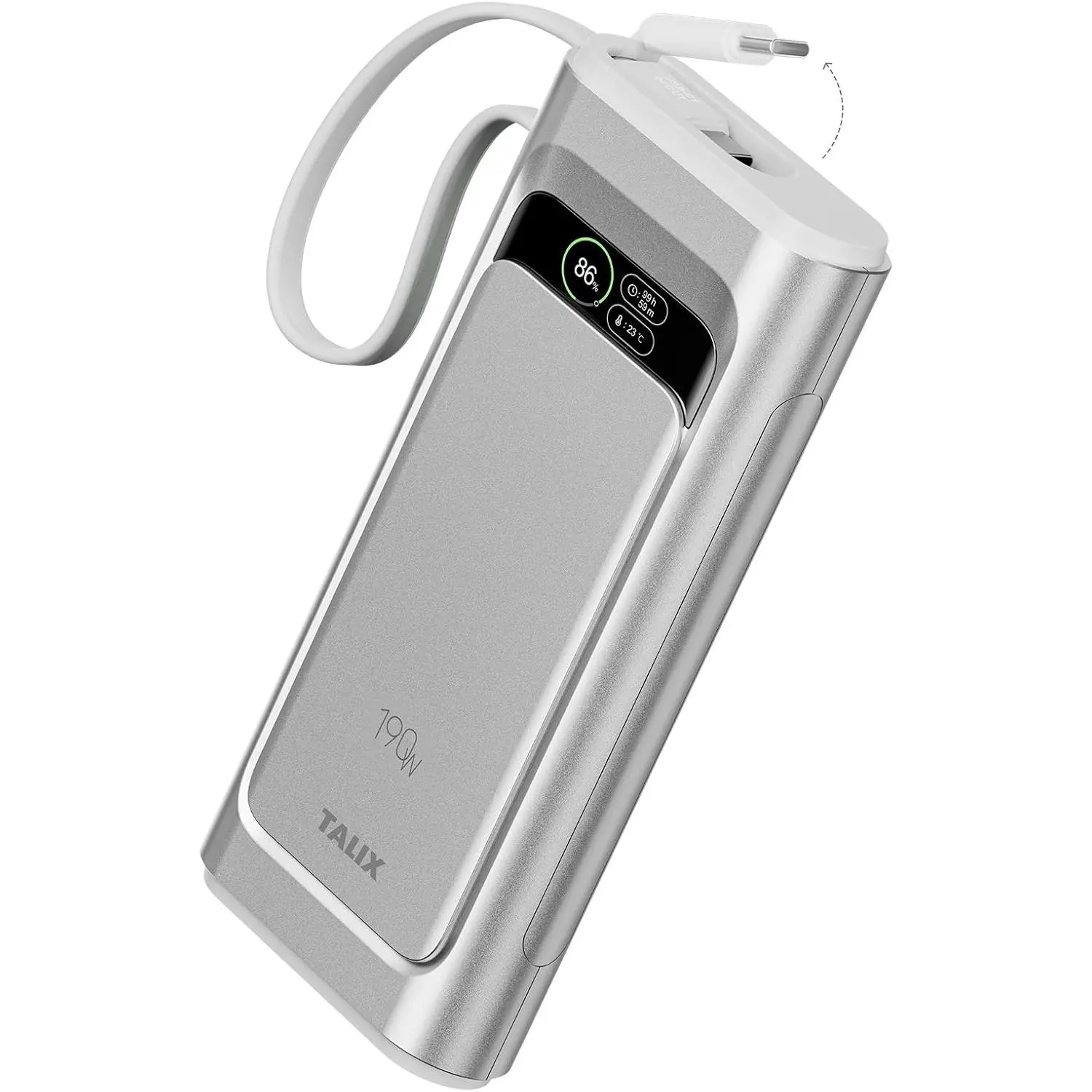 TALIX 190W 20000mAh Portable Charger,3-Port USB-C Fast Charging Power Bank Battery Pack with Built-in Retractable Cables for MacBook,Laptop,Computer,Cell Phones,iPhone 17,iPad,Android,Samsung,Silver,back to school,back to school haul