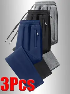 Men's Casual Straight Leg Pants, Casual Chic Trousers, Drawstring Waist, Hidden Zipper Pockets, Spring & Fall Fitted Joggers, 3 Pack Daily Wear