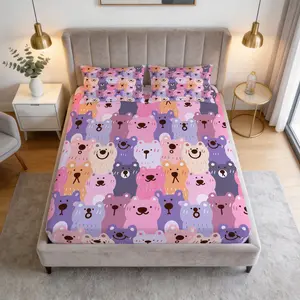 Cute Bear Pattern Fitted Sheet, Soft And Comfortable Bedding Set (1 Sheet + 2 Pillowcases, No Pillow Core), Suitable For Teenagers And Adults, Guest Rooms, Dormitories, And Master Bedroom Scenarios