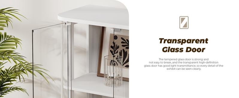 BROTTAR 65" Rounded Display Cabinet with Glass Door, 4-Tier Curio Cabinet with Transparent Full-Display Surface, Glass Display Case with 3 Color Lights for Collectibles, Human Body Sensor, White