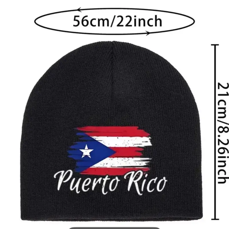 Puerto Rico Flag Beanie Hat Soft Stretchy Comfort Fit Elastic Edge Classic Look with Text & Coconut Palm Leaf Design Machine Washable Winter Christmas Gift 56cm/22inch small