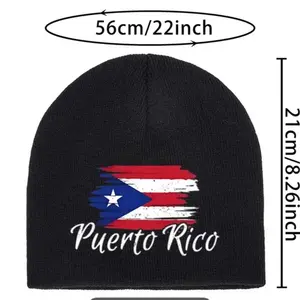 Puerto Rico Flag Beanie Hat Soft Stretchy Comfort Fit Elastic Edge Classic Look with Text & Coconut Palm Leaf Design Machine Washable Winter Christmas Gift 56cm/22inch small
