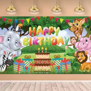 1PC Happy Birthday Decoration Banner Animal Party Backdrop, Forest Cartoon Elephant Lion Design, Cake Table Banner for Kids' Birthday, Indoor/Outdoor Decor & Photo Background White