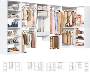 Unikito Closet System with Vanity Desk, 156”Modular Corner Closet Organizer System with Hanging Rods & Adjustable Shelves, Freestanding Wood Wardrobe Organizer, Sturdy Walk in Closet Tower