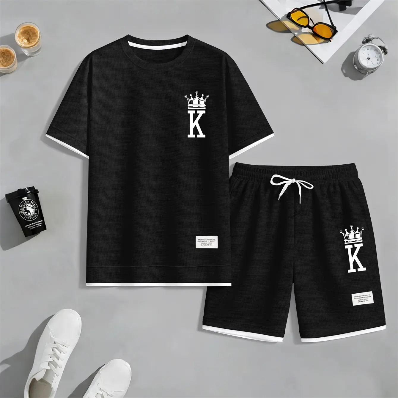 Men's 2-Piece King Print Waffle Fabric Shortsleeve Shirt & Shorts Set, Menswear, Loose Polyester Minimalist Clothing Set, Casual, Outdoor, Crew Neck, 2 Pc Shorts & Top Sets