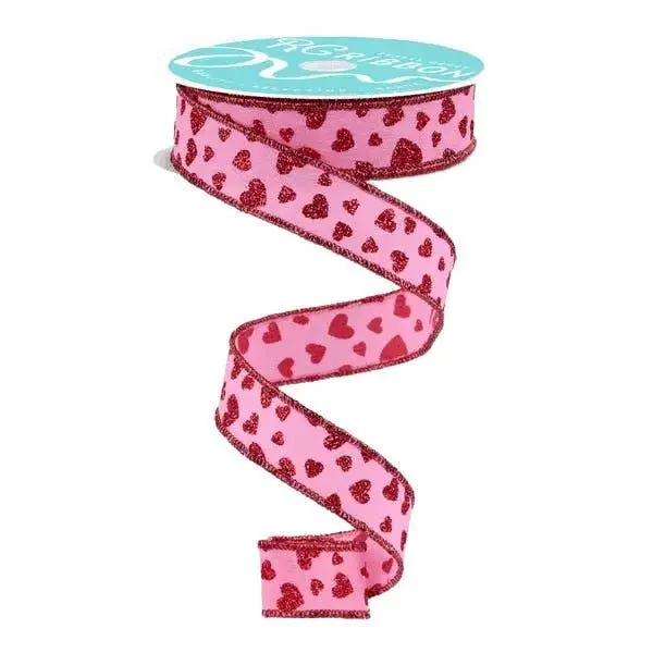 7/8" x 10yd Glitter Mini Heart Ribbon (Pink/Red)