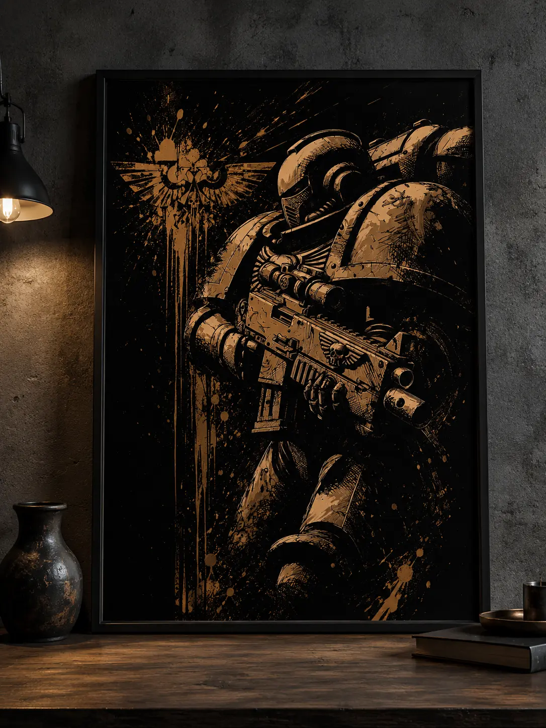 Sci-Fi Armored Warrior & Emblem Poster – Tactical Space Soldier Wall Art