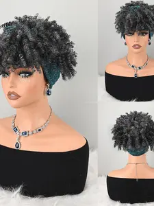 Curly Wig with Glitter Headwrap, Synthetic Hair, Easy Wear Turban Style, Medium Length, Coily Hair, All Seasons