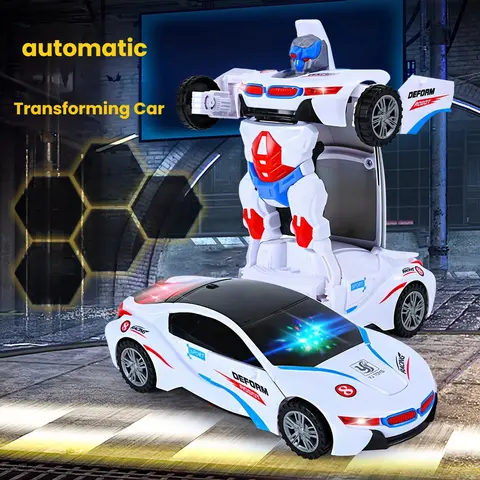 Automatic Deformation Robot Car Toy 1-Second Car-to-Robot Transformation, Cool Glowing Lights, Auto-Turn When Obstacles, Battery-Powered Transformer Car & Kids' Police Car Toy, Perfect Birthday Gift