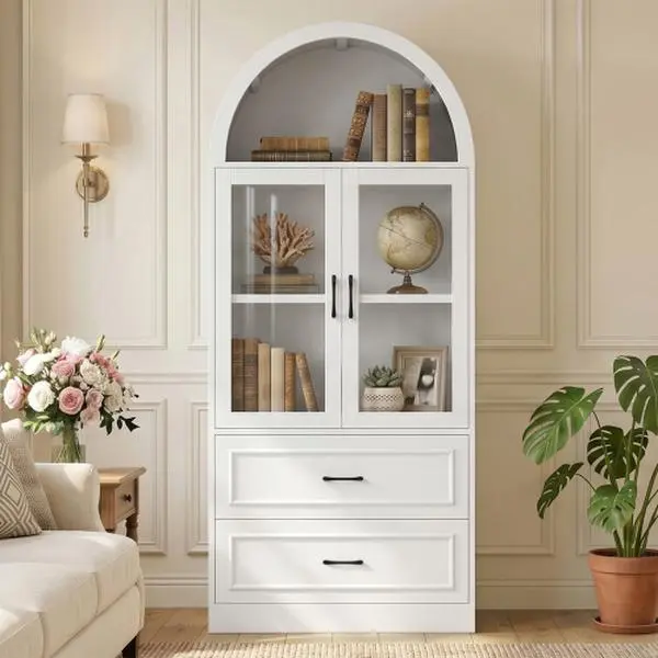 Bellemave Modern Minimalist Arched Top Storage Cabinet - Tempered Glass Doors, 2 Fixed-Tier Shelves, 2 Large Drawers, Soft-Close Hinges, Exquisite Metal Handles [Video]
