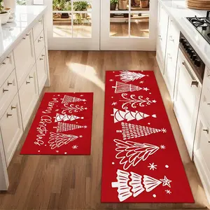 2Pcs Christmas And New Year Printed Kitchen Floor Mat Christmas Tree Simple Drawing Floor Mat Set Farmhouse Kitchen Carpet Restaurant Floor Laundry Room Decoration Carpet Mat Home Decor Rugs