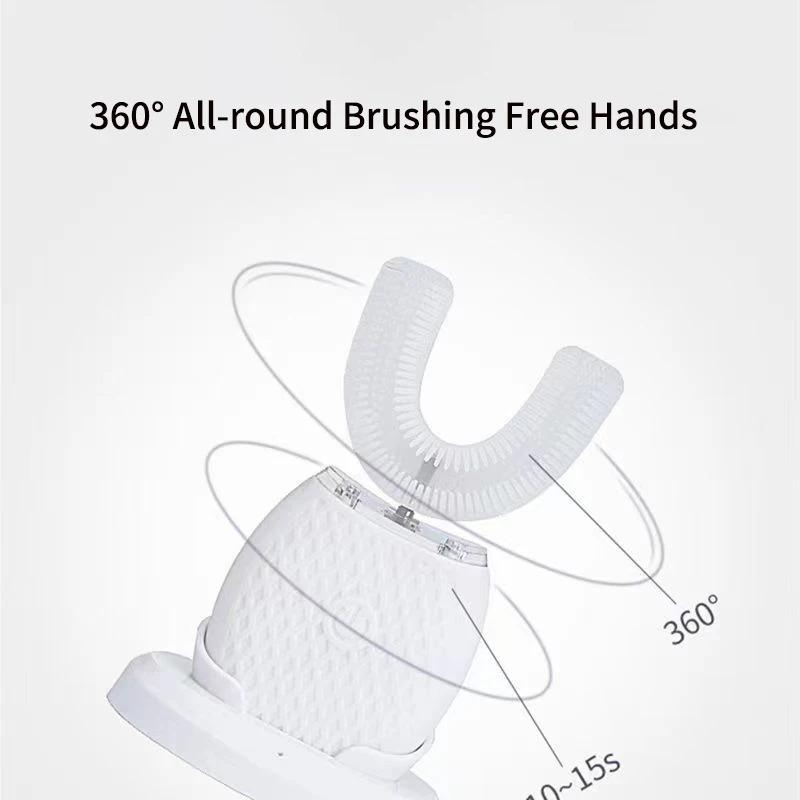 360° Ultrasonic Electric Toothbrush U Shaped for Adults Sonic Vibrations Tooth Brush with Charging Base Blue LED Light Whitening