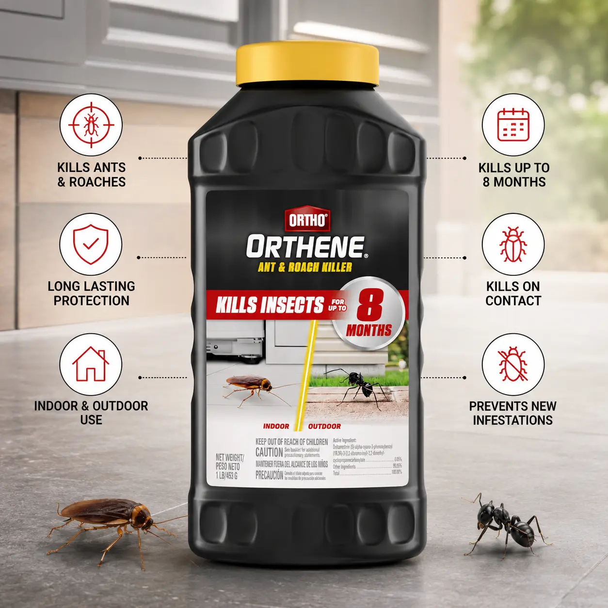 Ortho Orthene Bug Killer, 1 lb Ready-to-Use Insect Dust Pest Control Agent, 8-Month Protection, Odorless Indoor-Outdoor Fire Ant & Cockroach Control Home Supply, Fire Ant Killer