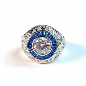 Luxury Silver-Tone Blue Halo Men's Ring, Sparkly Round-Cut CZ Statement Ring with Vintage Engraved Band, Elegant Party Wedding Anniversary Jewelry Gift, Rings