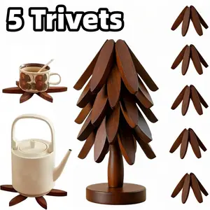 Natural Tree Trivet Set, 4 Wooden Trivets & 1 Stand, Heat Resistant Foldable Design, Durable Solid Wood, Ideal for Hot Dishes, Pots, Bowls, Teapots