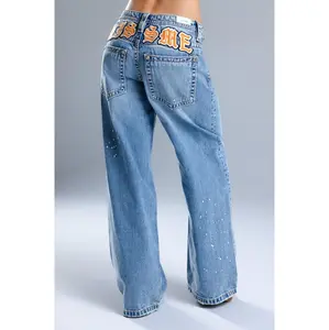 MissMe Lyrix Baggy Wide Leg Jeans Loose-Fitting Y2K Style High Waist Below the Ankle Washed Finish Embroidered Design Paint Splatter Accents