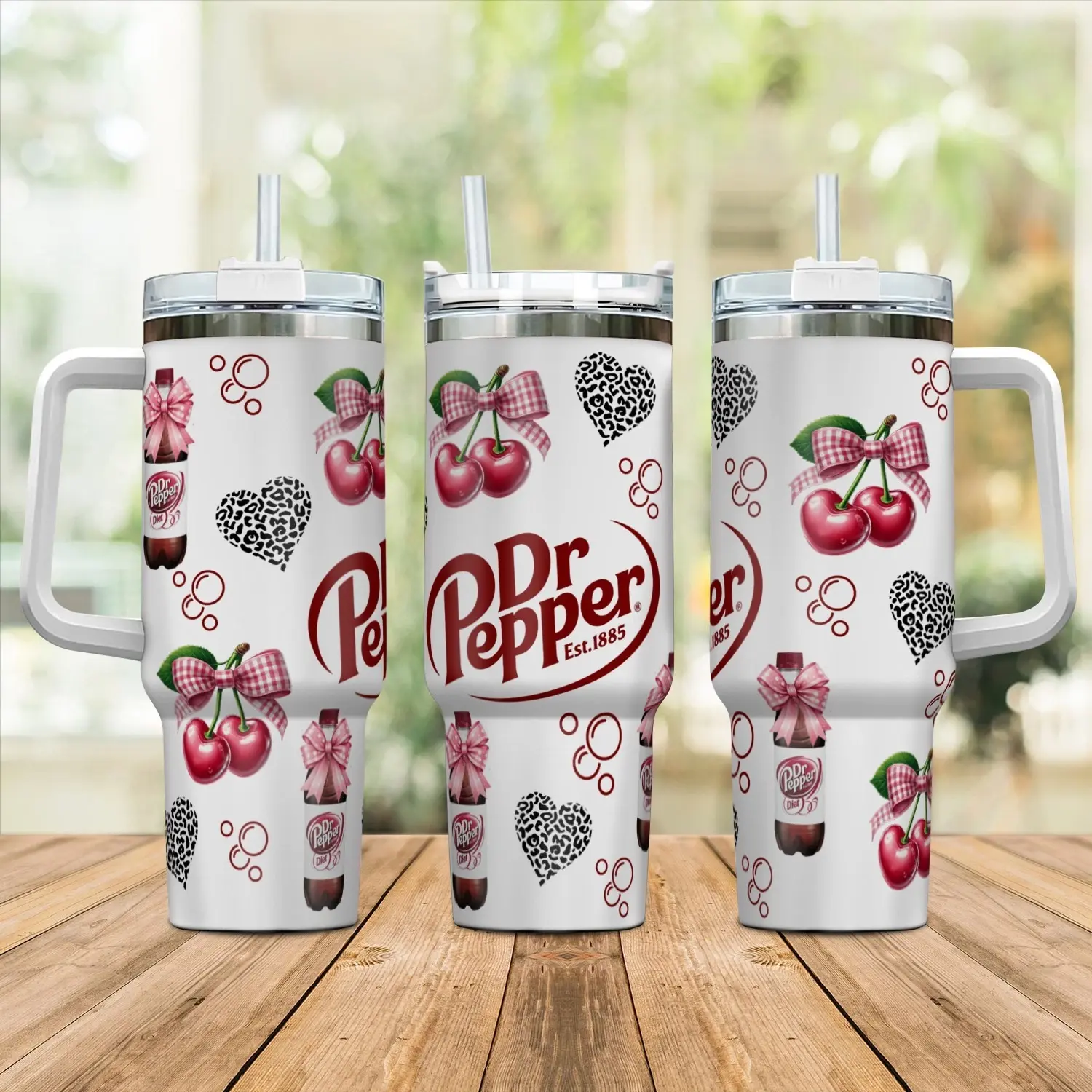 Cherry DrPepper 40oz Tumbler with Handle & Straw, Cute Soda Lover Insulated Travel Mug, Cherry Bow Stainless Steel Cup, Girly DrPepper Gift for Women, Double Wall Hot & Cold Drink Tumbler, Car Cup Holder Friendly