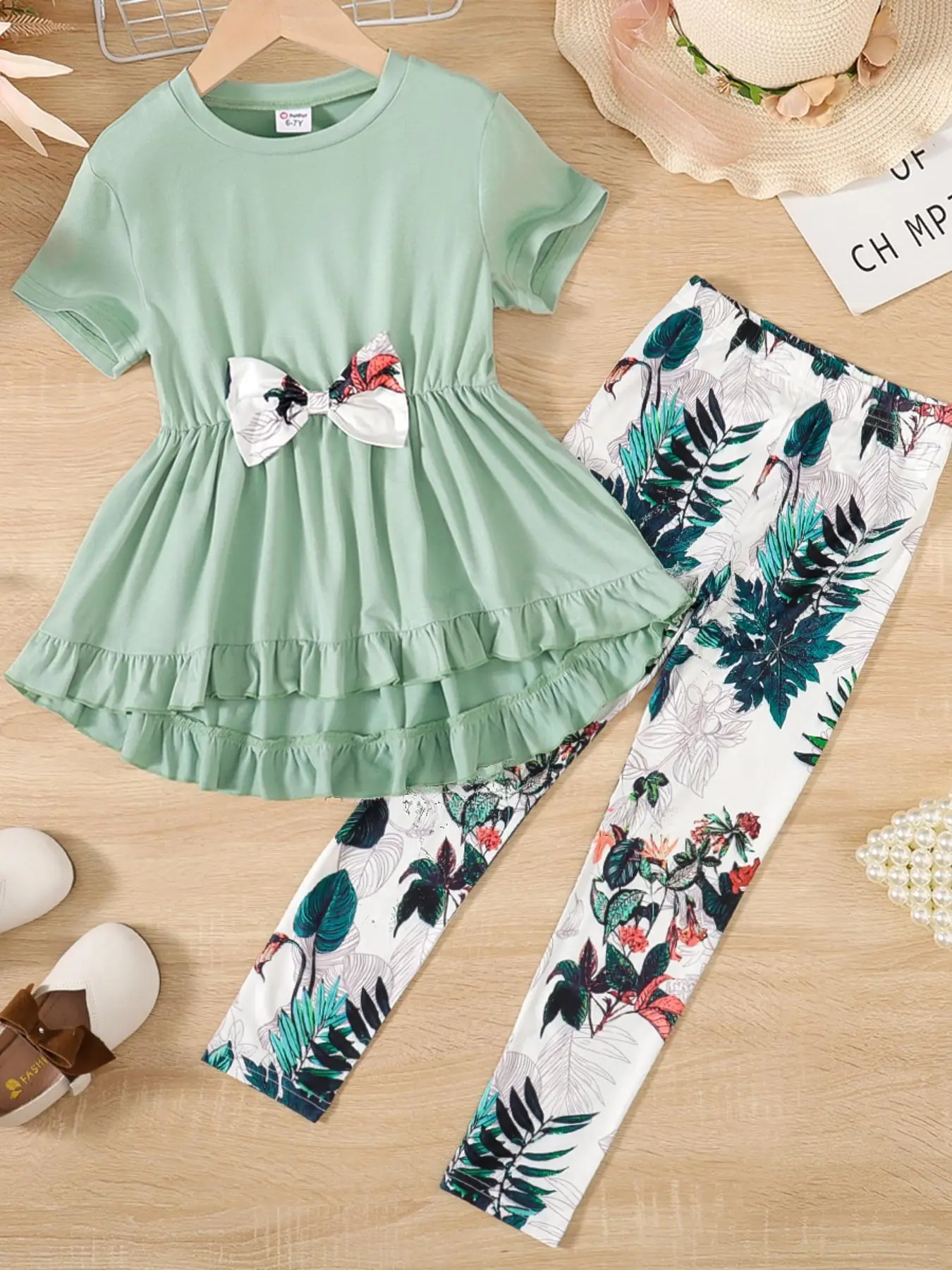 Girl's 2pcs Bow Decor Peplum Tee & Floral Print Pants Set, Cute Casual Short Sleeve Round Neck Ruffle High Low Hem T-Shirt & Elastic Waist Trousers, K