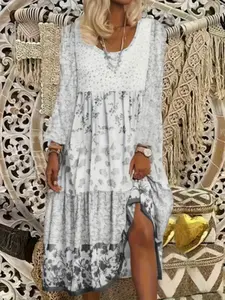 Women's Plus Size Casual Round Neck Printed Long Sleeve Dress, Elegant Relaxed Aesthetic Style, Perfect for Everyday Wear