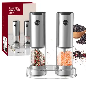 Electric Salt and Pepper Grinder Set, 5 Adjustable Coarseness, One-Handed Operation, Built-in LED Light, Ceramic Blades, Large Transparent Capacity, 2 Pack(Black)