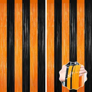 Halloween Photo Backdrop, 2 Pack Orange and Black Party Streamer, Metallic Foil Fringe Curtains Tinsel Backdrop, Halloween Birthday Party Decorations Hanging Decor Indoor, Photo Booth Props Streamers