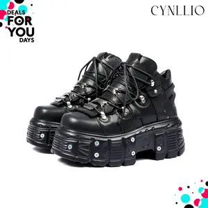 Womens Ankle Boots Round Toe Platform Sneakers Lace Up Metallic Buckle Strap Retro Punk Rock Style Comfy Fashionable Y2k Combat Chunk Cross Tied Rivets Boot Outing Clubbing Event Party Spring Motorcycle Goth Punk Boot Shoes Deals For You Days