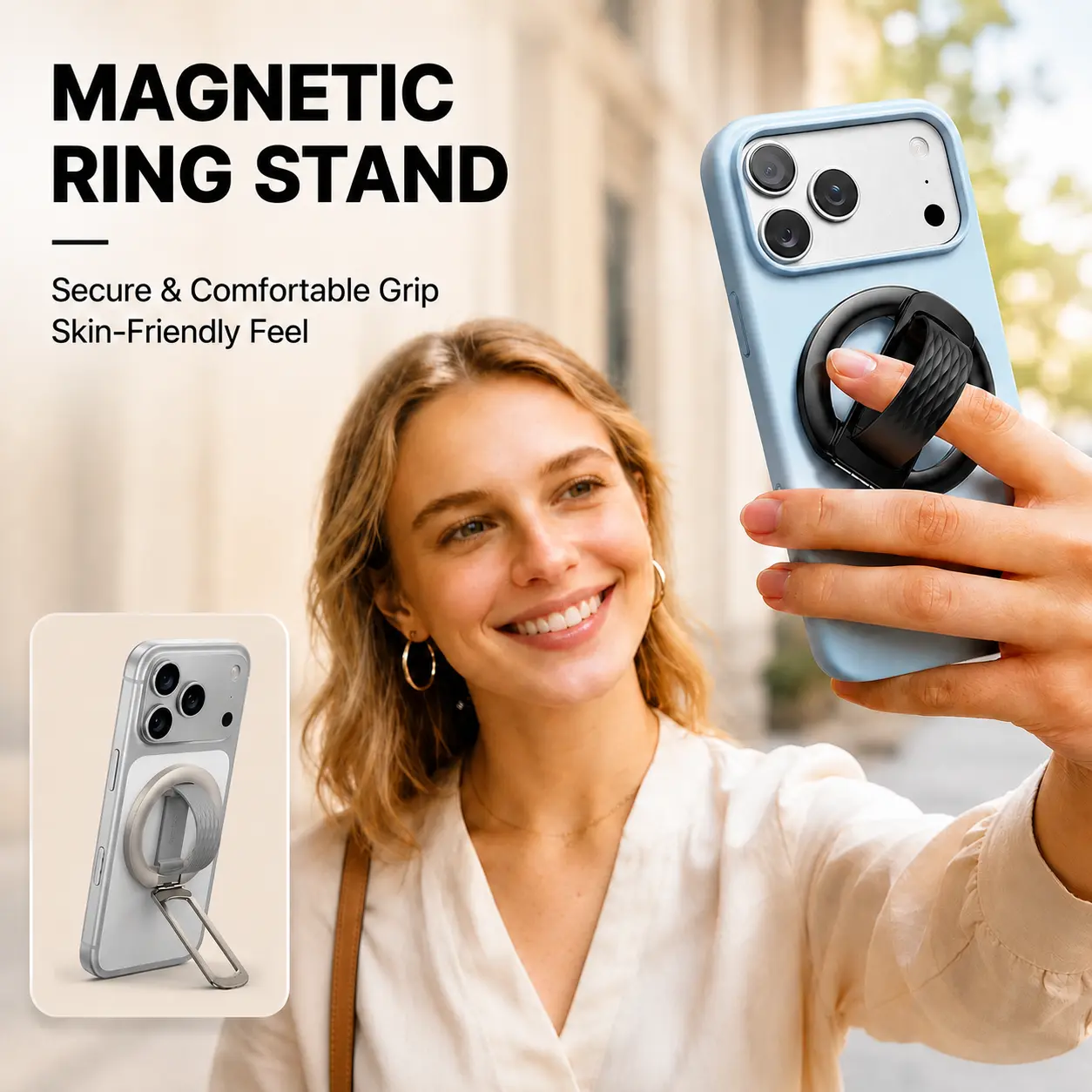 Lamicall MagSafe Magnetic Adjustable Cellphone Holder - Soft Silicone Loop, Zinc Alloy Vertical Ring Stand Kickstand, Stable Mount for iPhone 12-17 Series, Metal Ring-Equipped Smartphones, Landscape-Ready Accessory