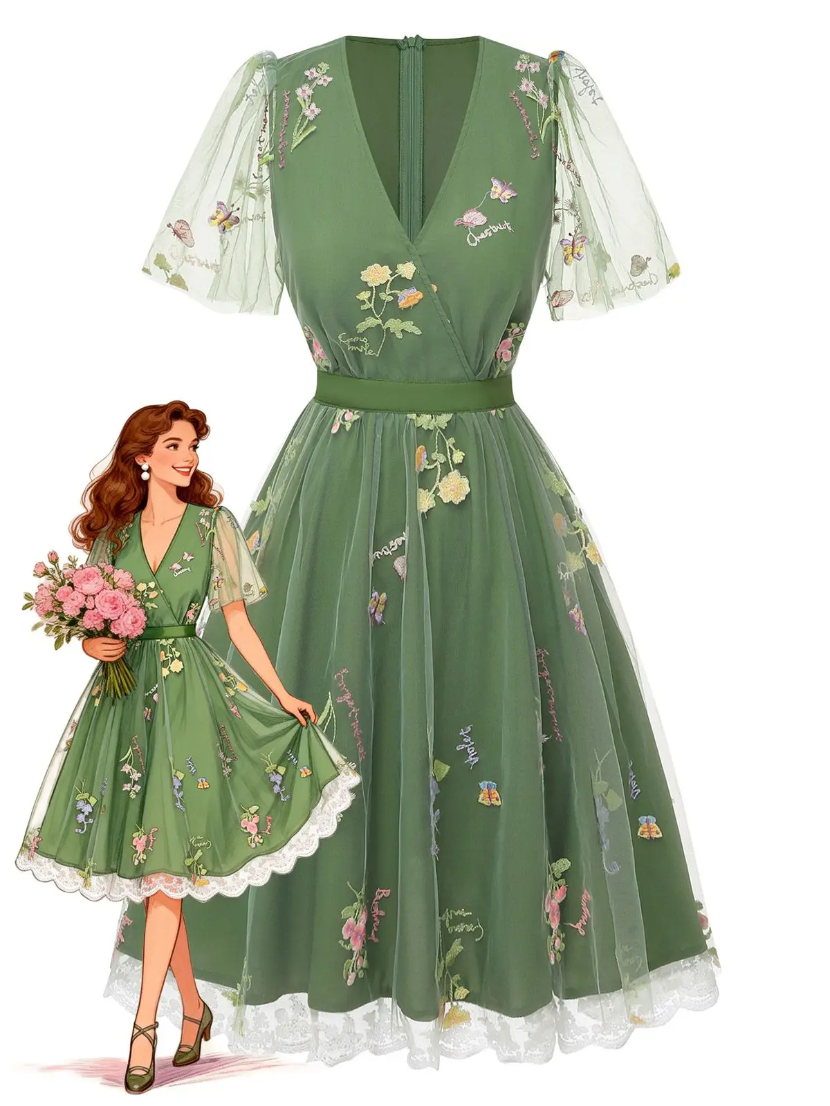 Green 1950s Floral Puff Sleeve Mesh Embroidered Dress Green 1950s Floral Puff Sleeve Mesh Embroidered Dress