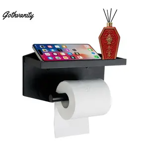 Gothic Toilet Paper Holder with Shelf - Coffin Paper Roll Holder, Spooky Ideal for Bathroom Decor & Space - Saving - Matte Black -Wooden