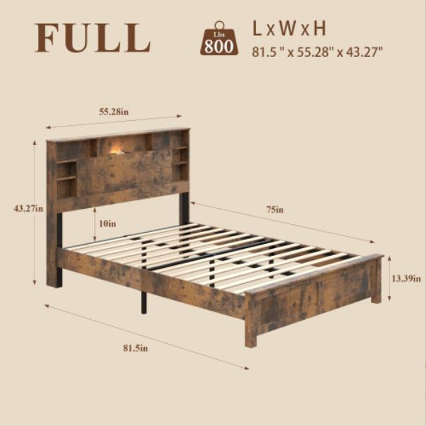 Queen Bed Frame with Mattress, Storage Bookcase Headboard with Charging Station & LED Lights, Platform Bed, No Box Spring Needed, Dark Brown – Cama queen con colchón