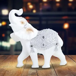 7"W Silver and White Thai Elephant with Trunk Up Statue Feng Shui Decoration Religious Figurine