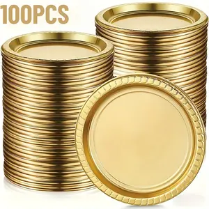 7 Inch Gold Disposable Hard Plastic Plates, 100-Pack Oil-Proof Upscale Texture Plates for Small Portion Food & Appetizer Serving at Weddings & Holiday Parties, Wedding