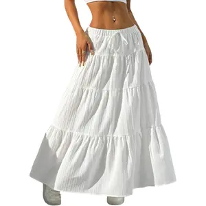 Women’s Elegant Maxi Skirt: Ruffle Hem A Line Elastic Waist Tiered Layer Boho Long Dress