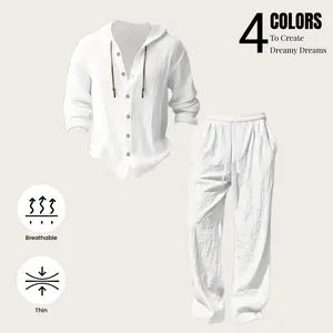 Men's Trendy Linen Hooded Two-Piece Set Casual Vacation Style Loose Fit Breathable Fabric Hoodie & Wide-Leg Pants Spring & Fall Wear Clothes Menswear