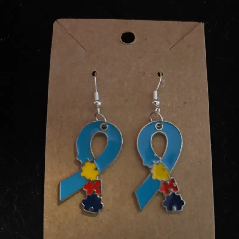 Handmade Autism Awareness Earrings with Blue Ribbon and Puzzle Pieces Design for Support