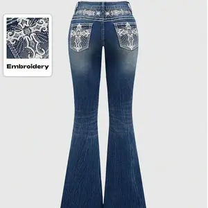 Vintage Cross Wings Embroidery Flared Jeans for Women,Slim Fit,Button/Zipper, Drop Waist,Navy Blue,Spring/Fall Casual Wear baggy jeans Plus Size Ruched Front Zipper Pants go  clam  dep jeans