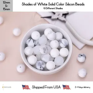 5pcs, Shades of White Solid Color Silicone Beads Round Silicone Beads
