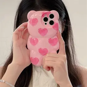 Korean Cute Pink Love Bear Shape Silicone Phone Case for iPhone 16 15 Pro 11 12 13 14 Pro Max Protective Casing with Fun Features Screen Protector Cover Protection Smartphone Cellphone Shockproof Kc-372