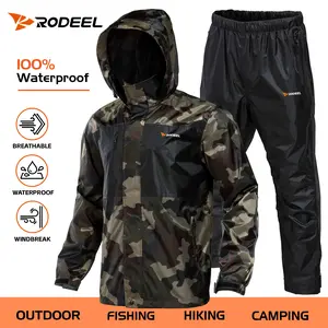 【RODEEL】702 Waterproof Jacket and Pants Set Men Lightweight Breathable Full Zip Hooded Rain Coat Durable Rain Suit Weatherproof Rainwear Windbreaker For Outdoor Sports Hiking Camping Fishing Boating Construction Landscaping Gardening, Holiday Gift