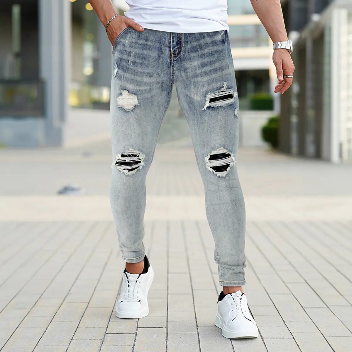 Men's Ripped Skinny Jeans Stretch Distressed Destroyed Slim Denim Pants Fashion Tapered Leg Pants
