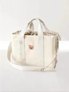 Cute bear embroidered canvas bag, black and white contrast color parent-child style, practical handbag crossbody bag combination, niche design single shoulder handbag, Crossbody tote bag, suitable for daily travel, outdoor picnics