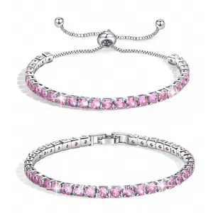 Elegant 2 Pcs Set 4 MM Round Zircon Tennis Bracelet for Women Shiny Geometric Pink AAA Cubic Zirconia Fashion Jewelry Gifts