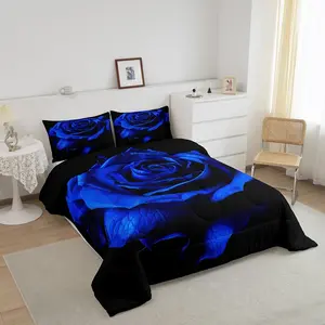 Valentine's Day Bedding Set,3D Printed Blue Rose Floral Comforter Set for Kids Boys Girls,Blossom Rose Flowers Comforter,Luxury Decor Quilt Set Rose Blanket
